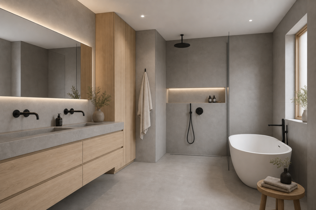 Puristisches Bad in Grau mit hellem Holz und schwarzen Armaturen