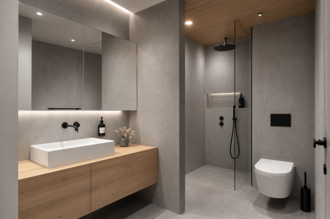 Kompaktes Bad mit Holzwaschtisch und Walk-in-Dusche