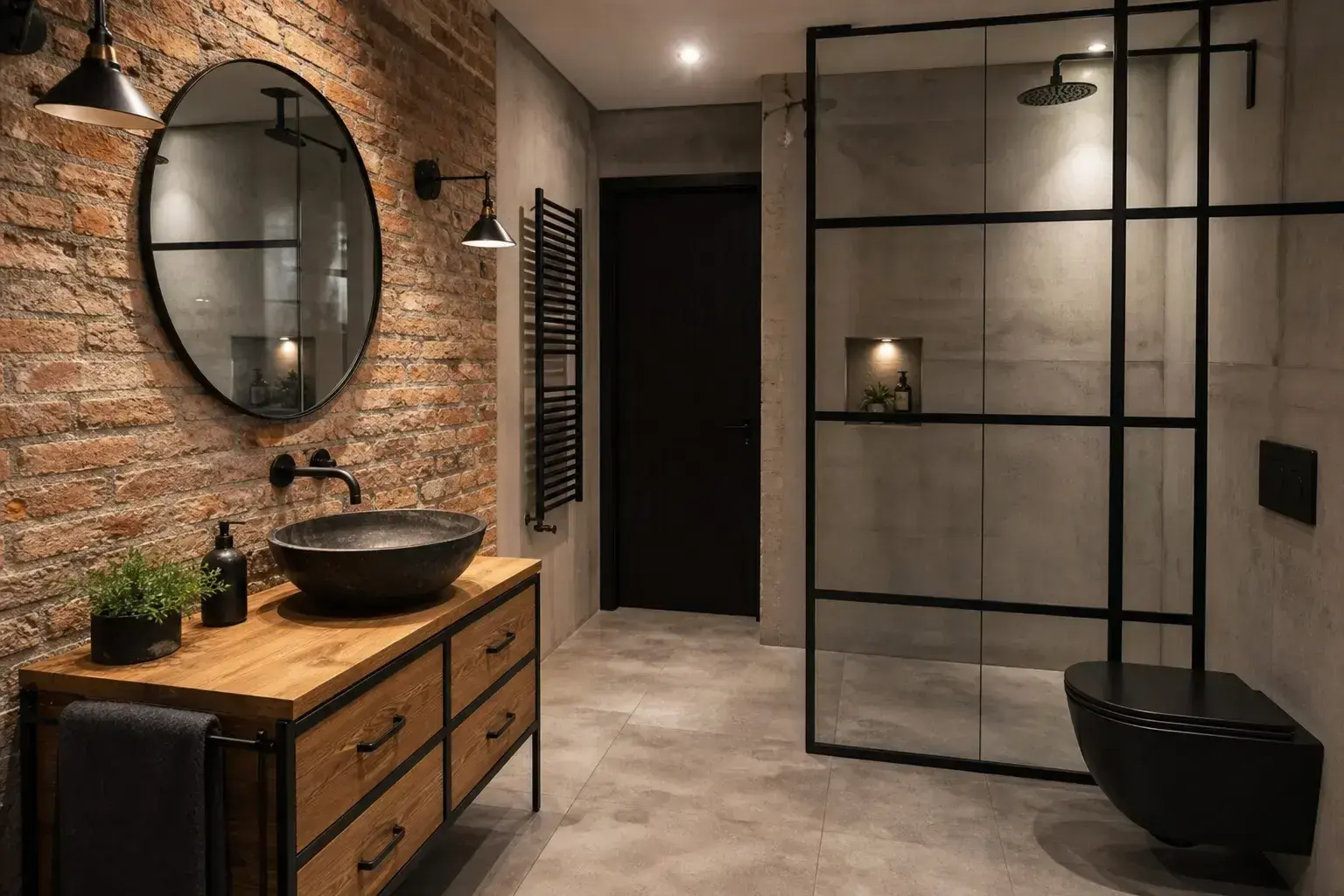 Industrie-Bad mit Ziegelwand, Betonoptik und schwarzer Walk-in-Dusche