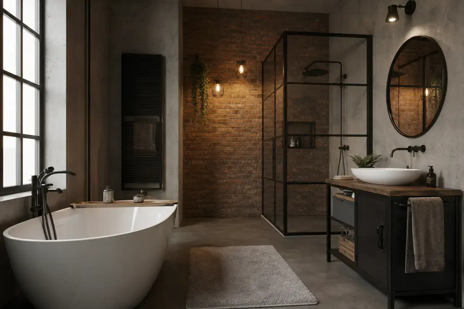 Bad im Industrie-Stil mit freistehender Wanne und Backsteinwand