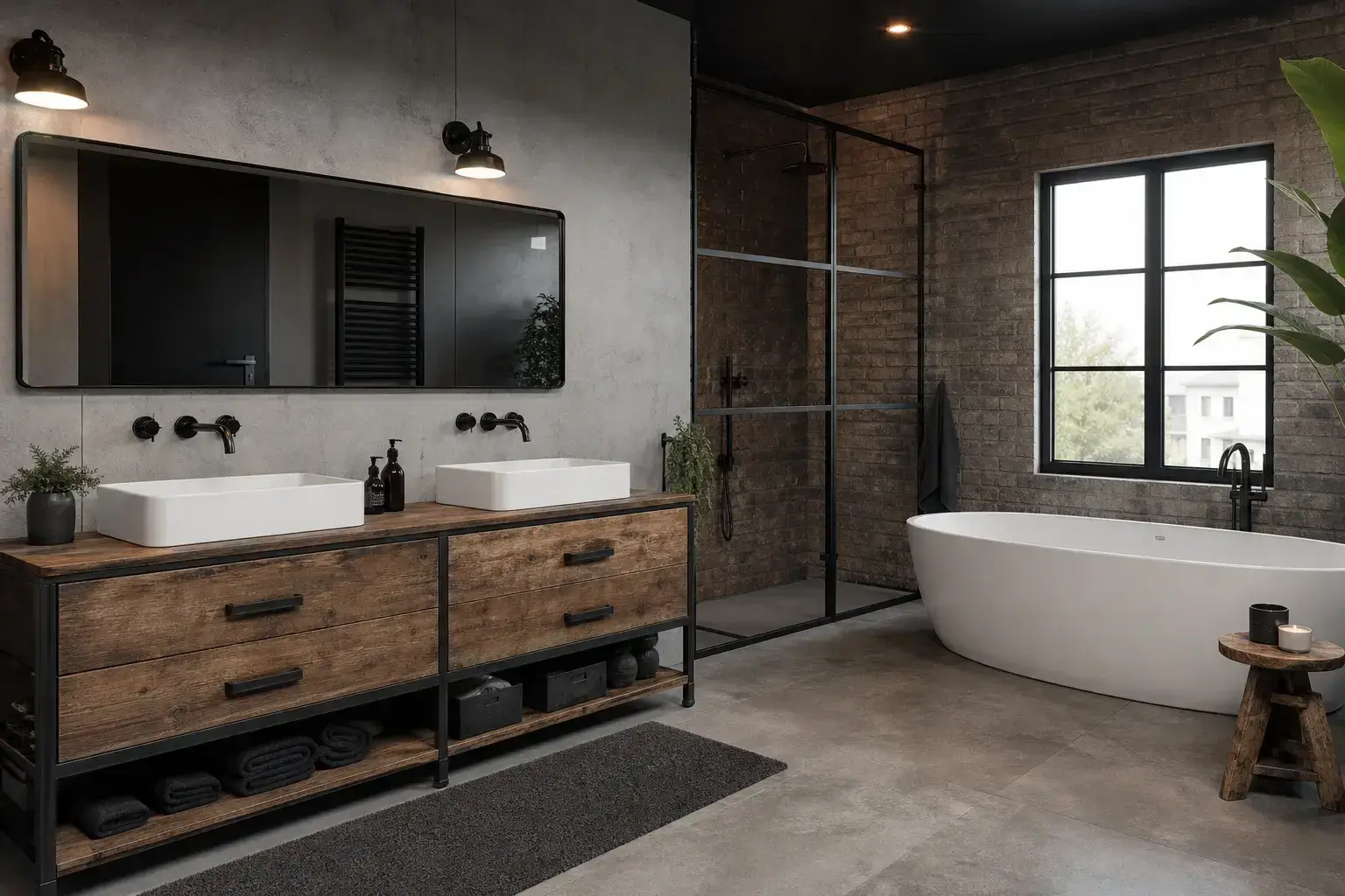 Loft-Bad mit Doppelwaschbecken, freistehender Wanne und Ziegelwand