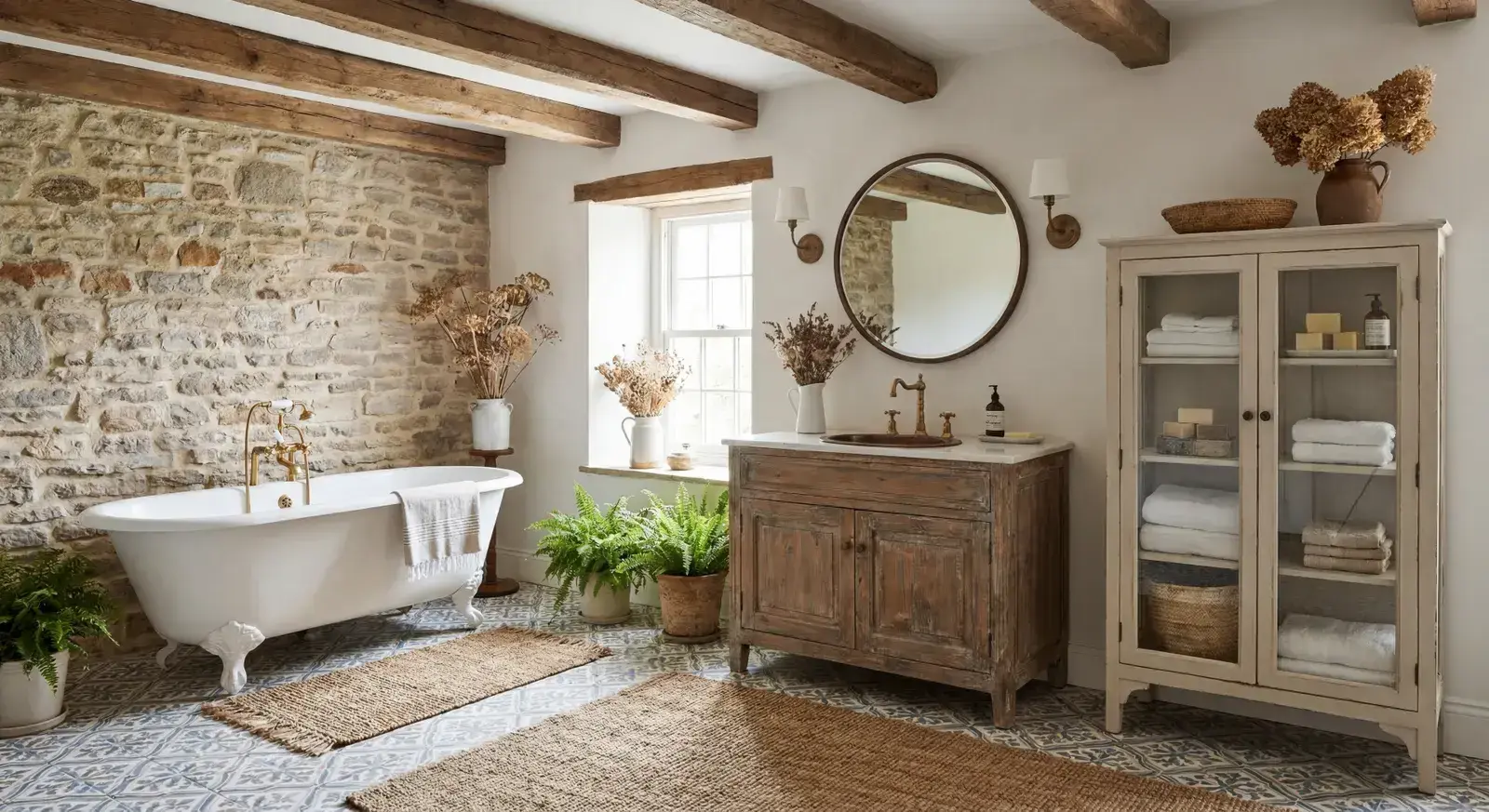 Landhausbad mit freistehender Wanne, Natursteinwand und Holzbalken