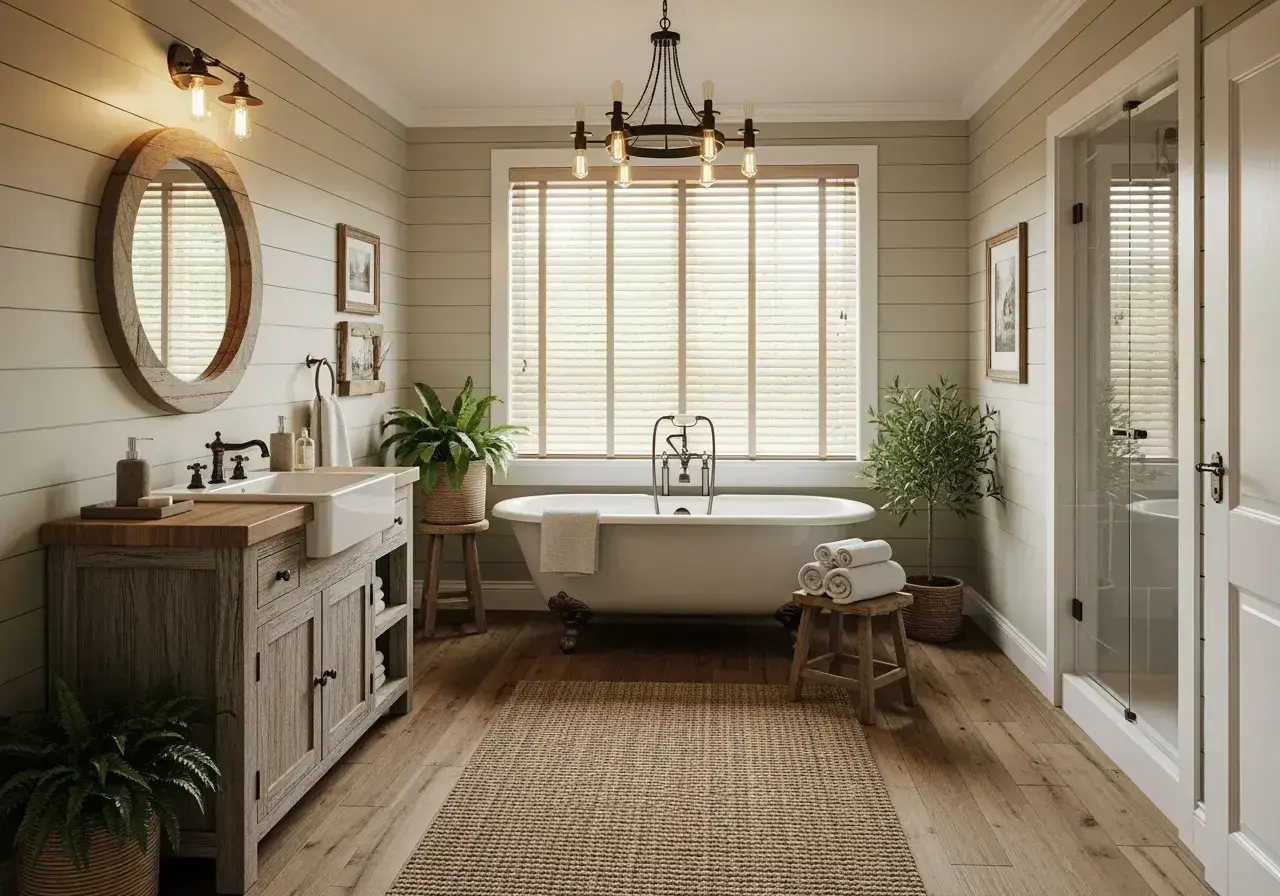Landhausbad mit Shiplap-Wand, Holzwaschtisch und freistehender Wanne