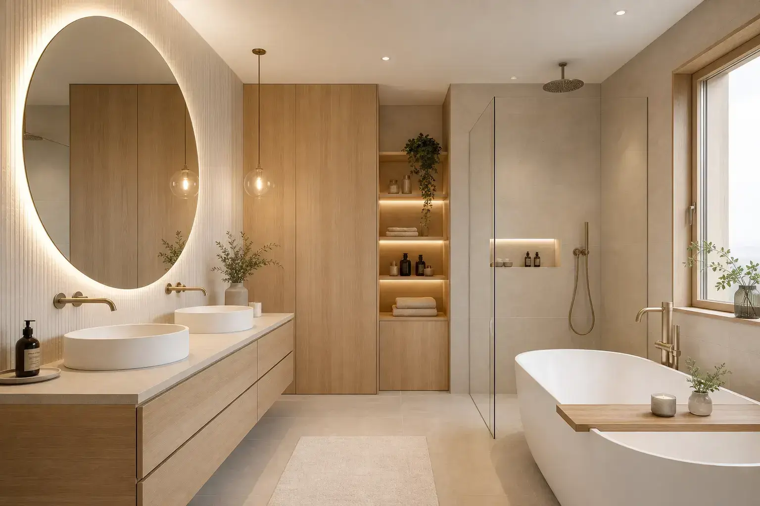 Modernes minimalistisches Bad mit Holzakzenten und freistehender Wanne