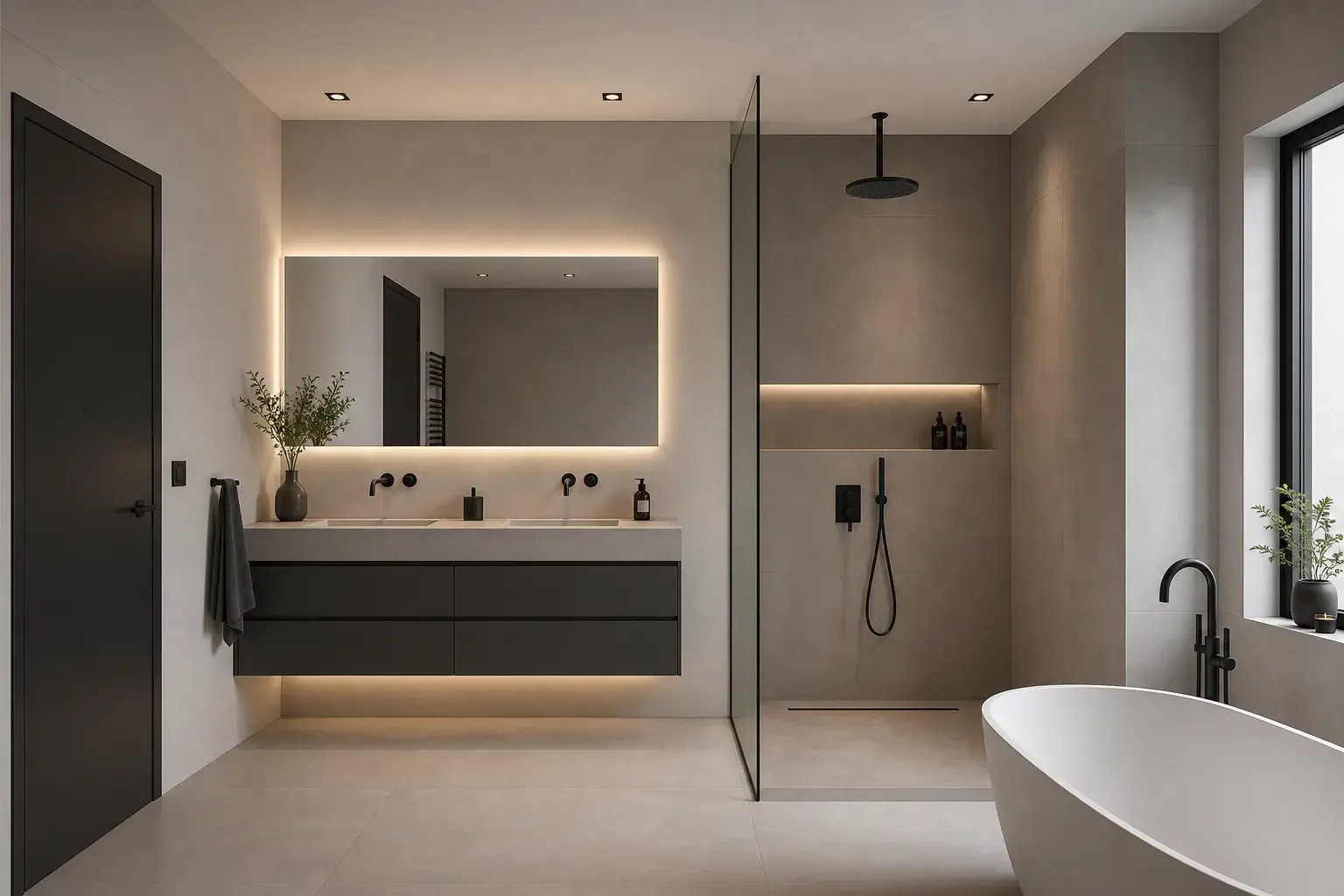 Modernes Bad in Beton-Optik mit schwarzen Armaturen