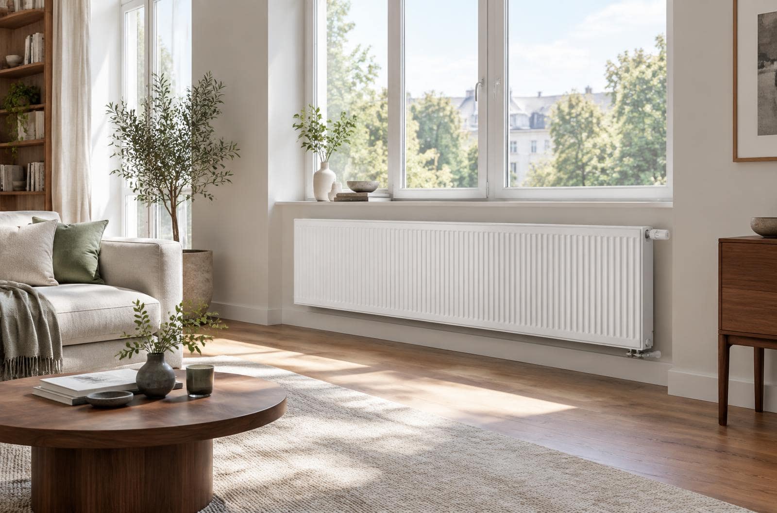 Wohnraum mit weißem Heizkörper unter einem Fenster – Symbolbild
