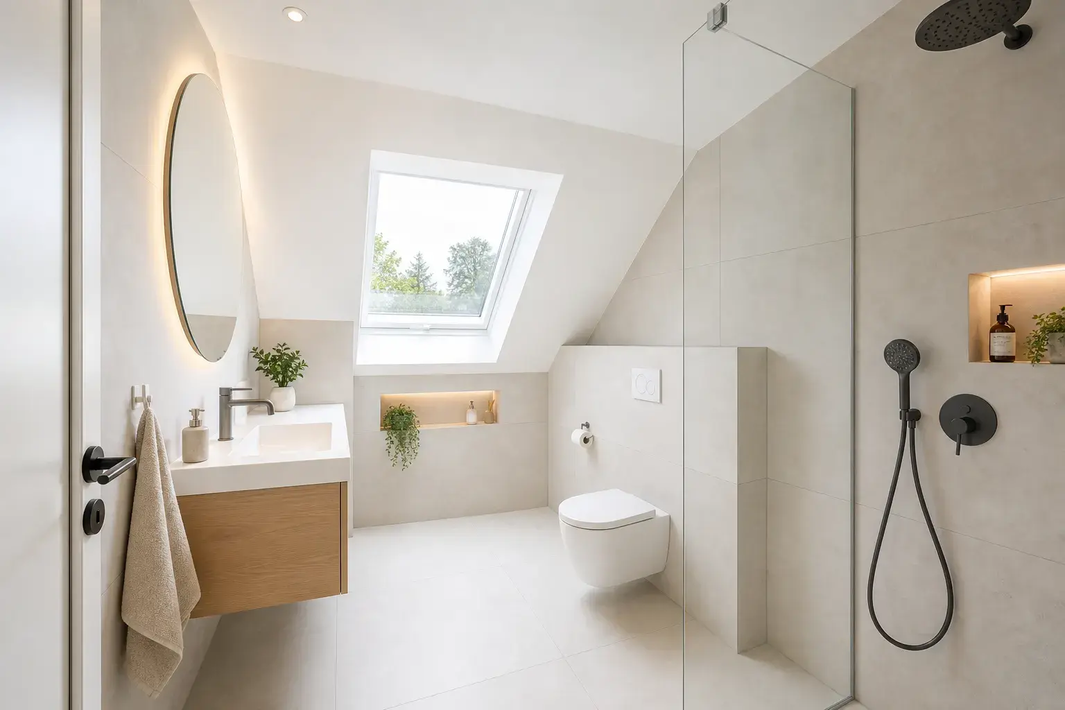 Minimalistisches Bad mit Dachschräge und Walk-in-Dusche
