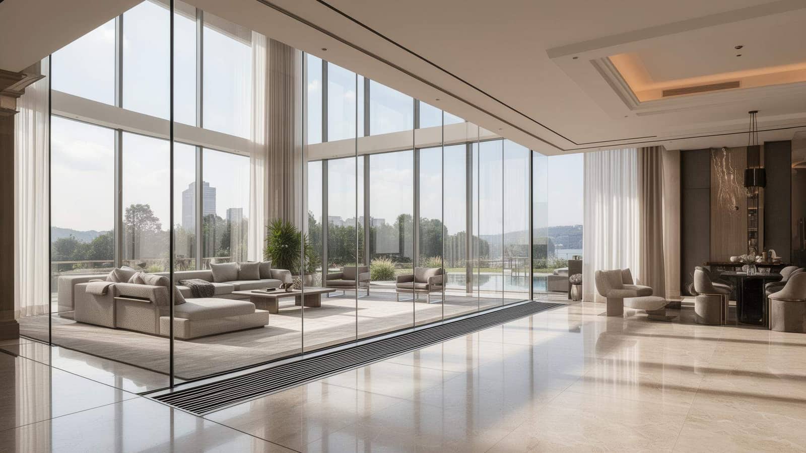 Luxuriöser Wohnraum mit Unterflur-Konvektor entlang der Glasfront