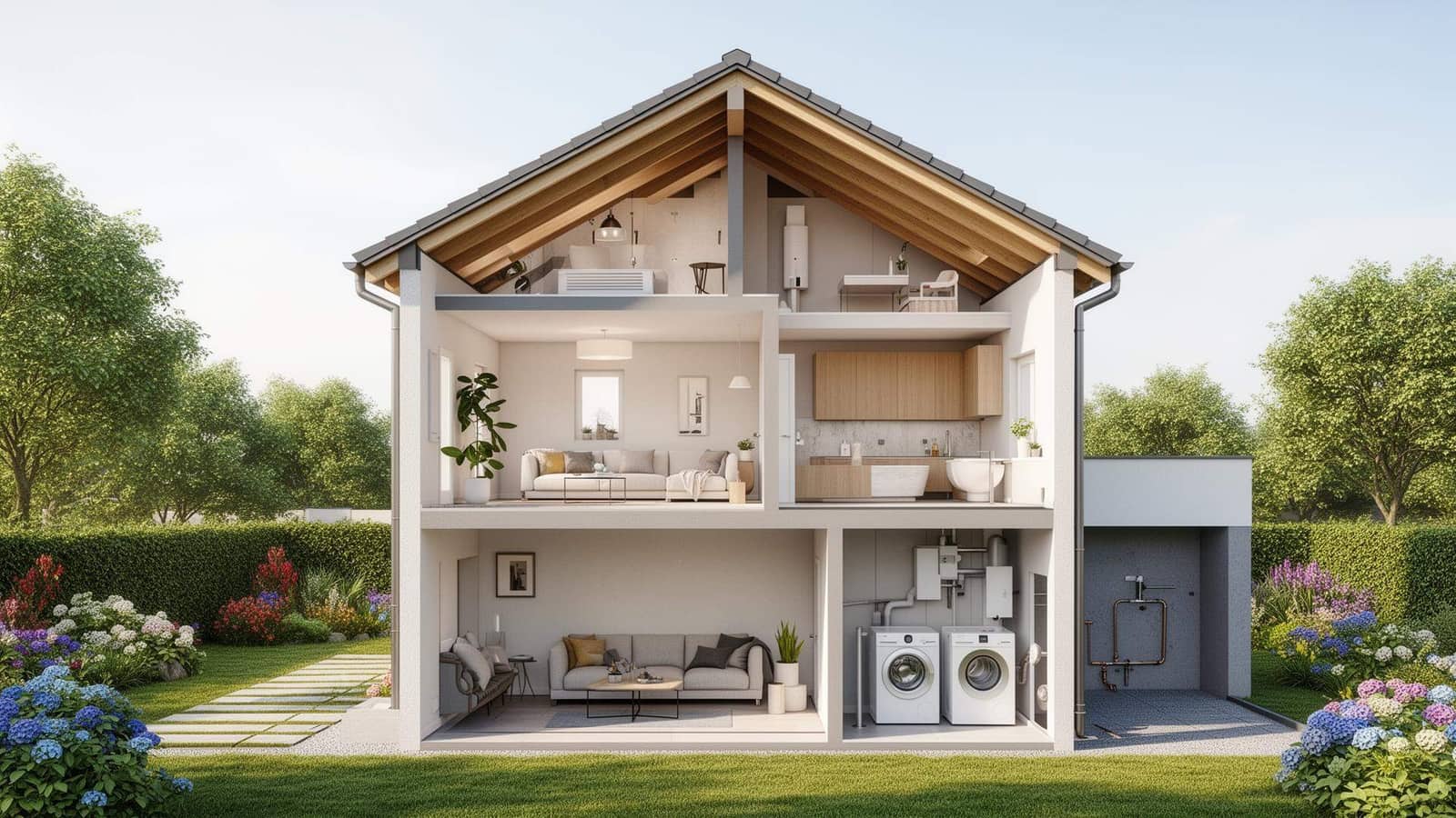 Modernes Haus im Querschnitt mit Dach, Wohnräumen, Bad und Technikbereich